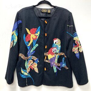 Allure Black Jacket, Size Large, Embroidered Applique Tropical Birds Flowers